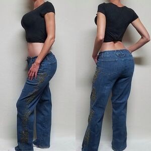 VINTAGE 90s Andre Bini Boho Gold Floral Studded Low Rise Flared Stretchy Jeans